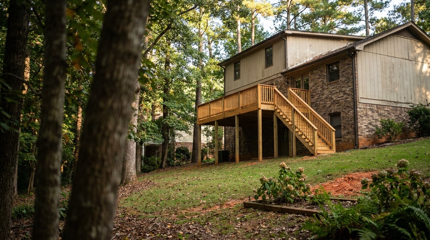 Repaired wooden deck standing on tall posts a full storey above a sloped back yard, behind a brick and siding house with a walk-out basement, surrounded by hardwoods and pines