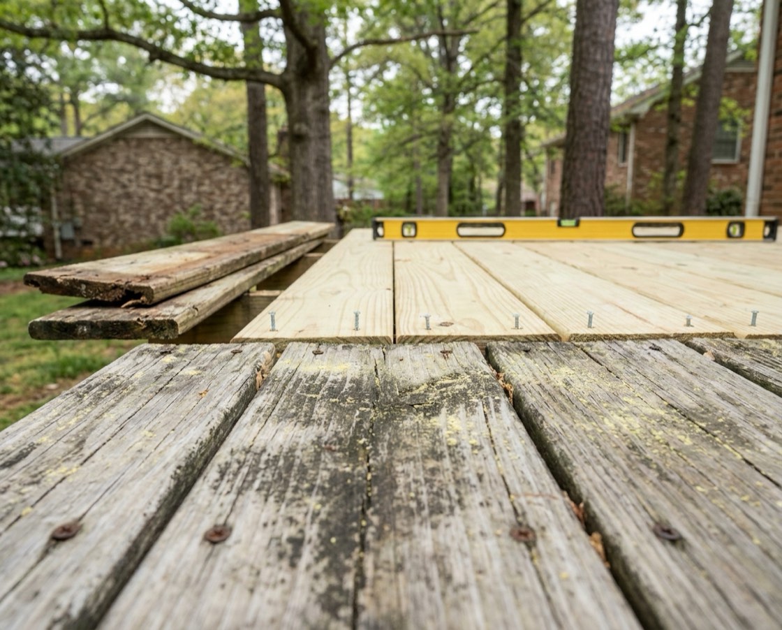 Deck halfway through a board replacement: weathered grey mildewed boards dusted with yellow pine pollen in front, new pressure-treated boards with a level laid across them behind, trees and brick houses in the background